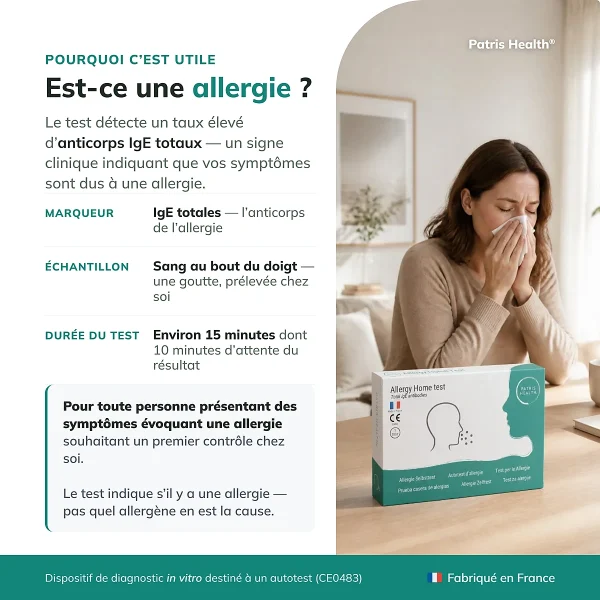 Présentation du Patris Health Autotest Allergie avec des informations sur son utilité, le marqueur, l’échantillon et la durée du test