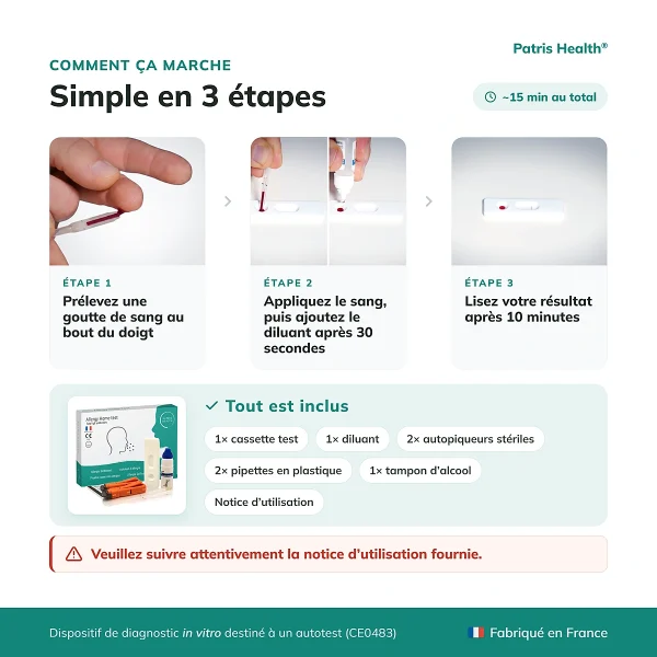 Instructions en trois étapes pour utiliser le Patris Health Autotest Allergie