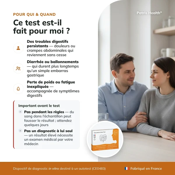 Infographie indiquant a qui s adresse le Patris Health Autotest Calprotectine