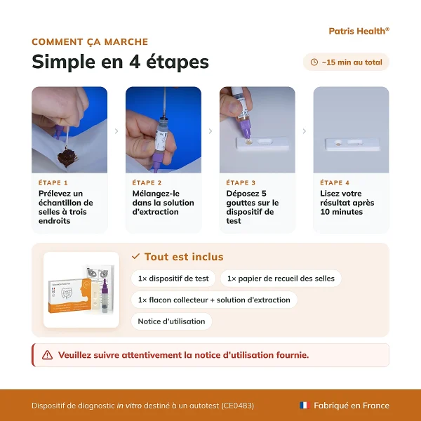 Instructions en 4 etapes pour utiliser le Patris Health Autotest Calprotectine