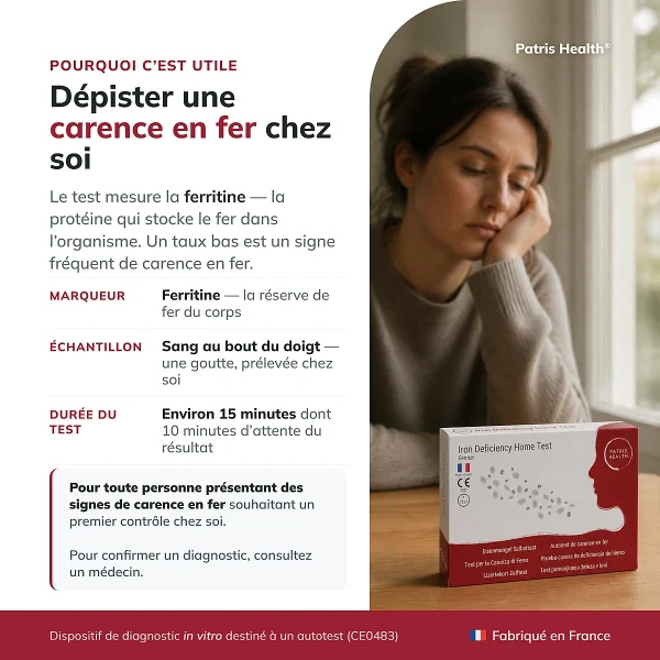Présentation du Patris Health Autotest Carence en Fer avec informations sur la ferritine, l’échantillon et la durée du test