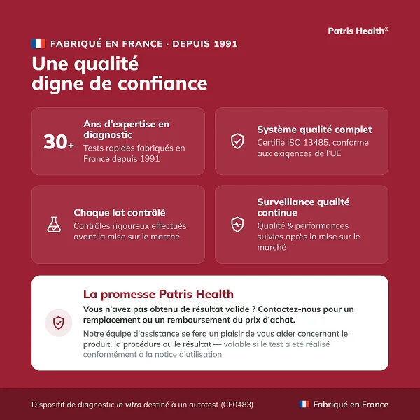 Éléments de qualité du Patris Health Autotest Carence en Fer fabriqué en France
