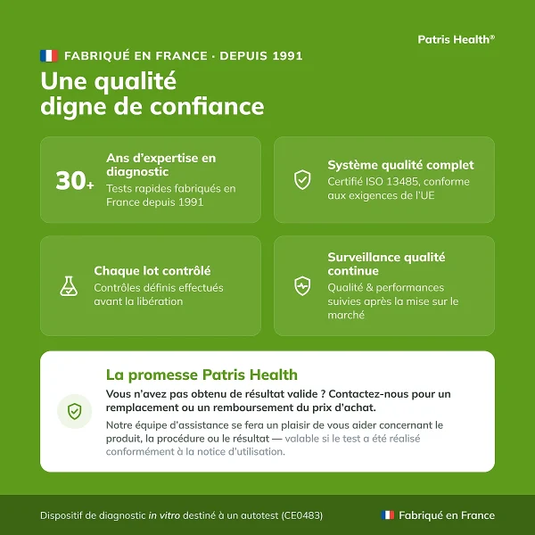 Points de qualite du Patris Health Autotest CRP fabrique en France