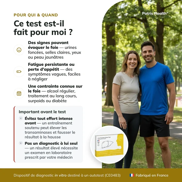 Infographie indiquant a qui s adresse le Patris Health Autotest Fonction Hepatique