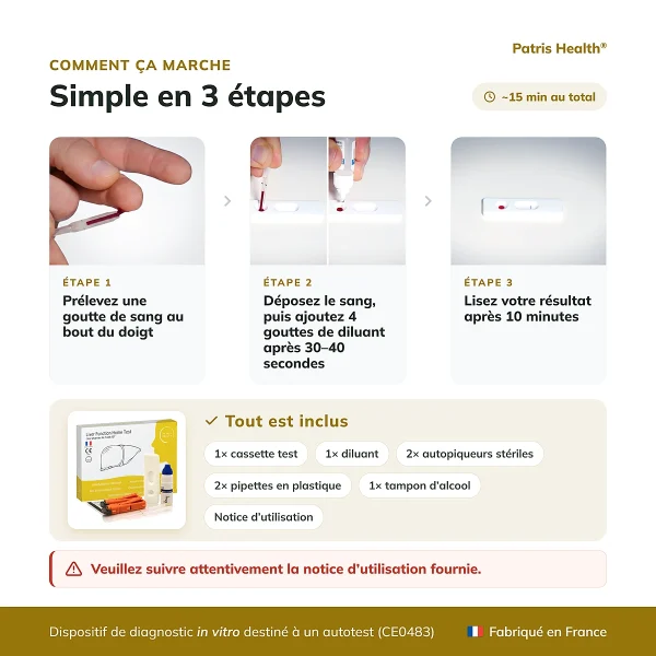 Instructions en 3 etapes pour utiliser le Patris Health Autotest Fonction Hepatique