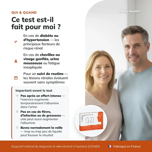 Infographie indiquant a qui s adresse le Patris Health Autotest Fonction Renale