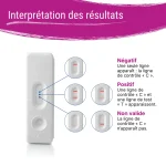 Interprétation des résultats du test de grossesse Patris Health : une ligne C négatif, C+T positif, absence de C invalide