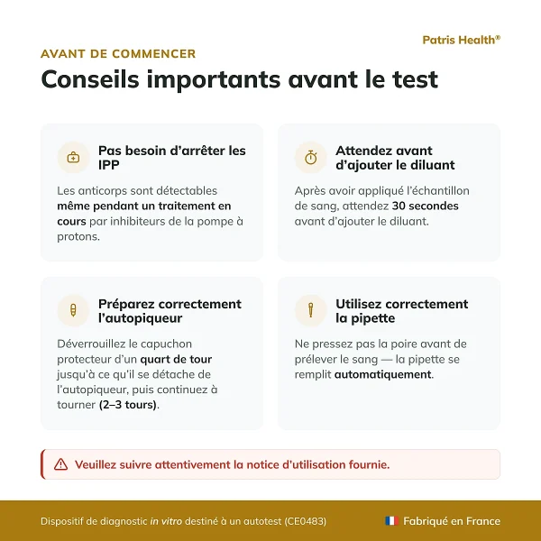 Conseils avant d’utiliser le Patris Health Autotest Helicobacter pylori