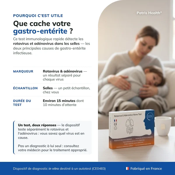 Presentation du Patris Health Autotest Rotavirus et Adenovirus avec les informations essentielles
