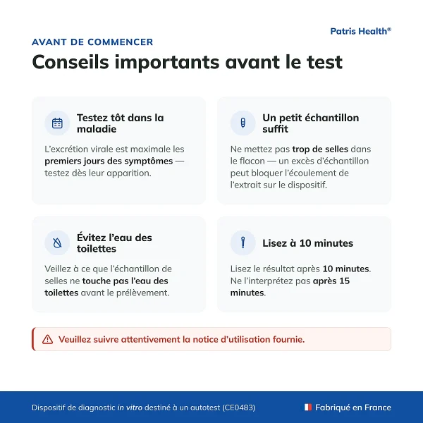 Conseils importants avant d utiliser le Patris Health Autotest Rotavirus et Adenovirus
