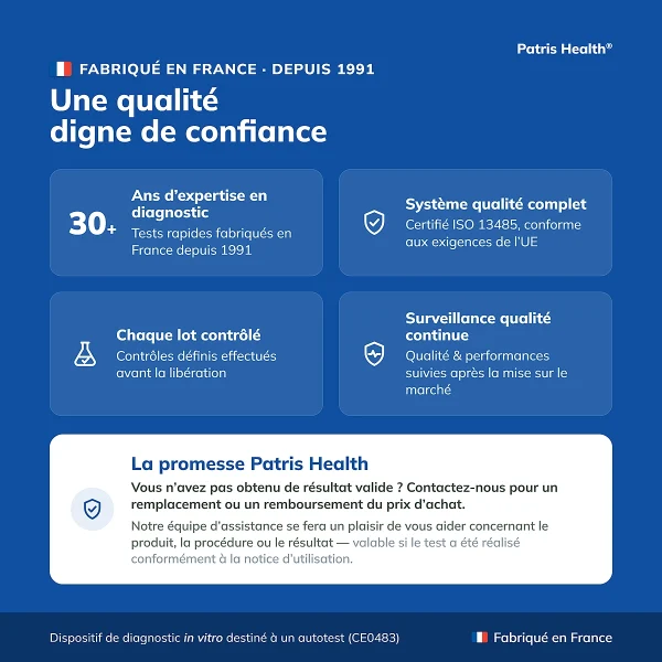 Points de qualite du Patris Health Autotest Rotavirus et Adenovirus fabrique en France