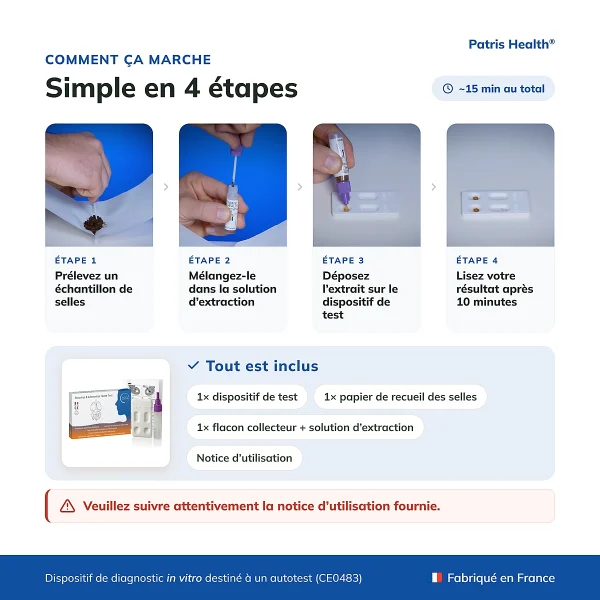 Instructions en 4 etapes pour utiliser le Patris Health Autotest Rotavirus et Adenovirus