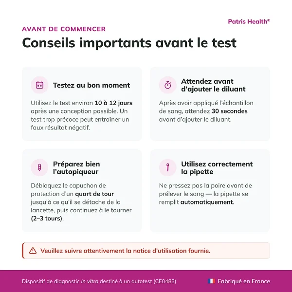 Conseils importants avant d’utiliser le Patris Health Test de grossesse sanguin