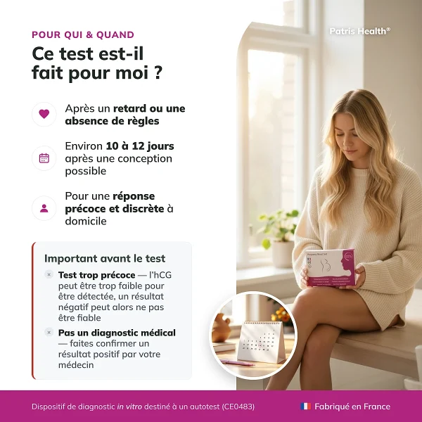 Infographie indiquant à qui s’adresse le Patris Health Test de grossesse sanguin