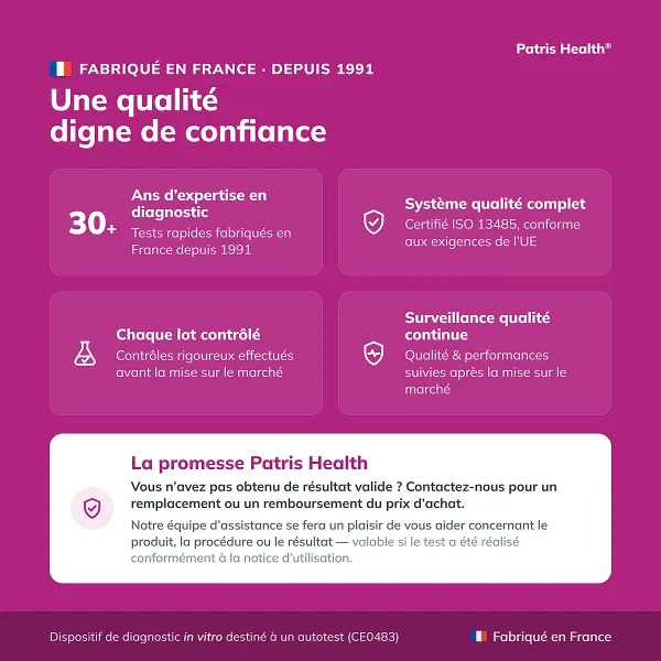 Points de qualité du Patris Health Test de grossesse sanguin fabriqué en France