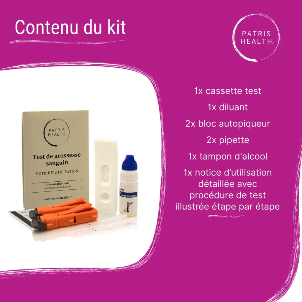 Contenu du kit du test de grossesse sanguin Patris Health : cassette, diluant, lancettes, pipettes, tampon alcoolisé, notice