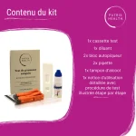 Contenu du kit du test de grossesse sanguin Patris Health : cassette, diluant, lancettes, pipettes, tampon alcoolisé, notice