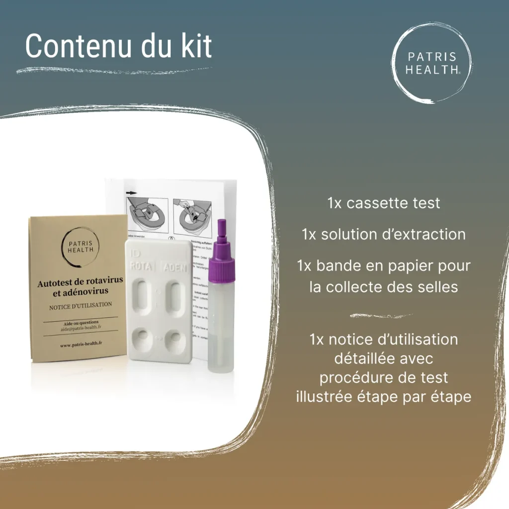 Contenu du kit test rotavirus adénovirus Patris Health