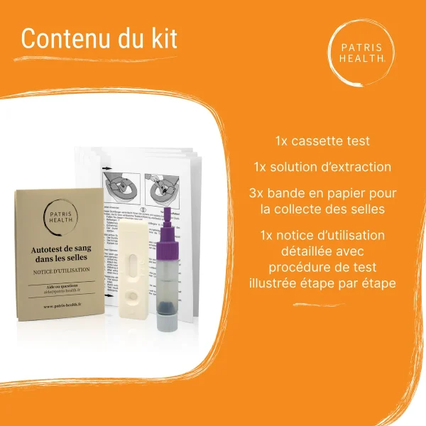 Contenu du kit test sang dans les selles Patris Health – test immunochimique fécal