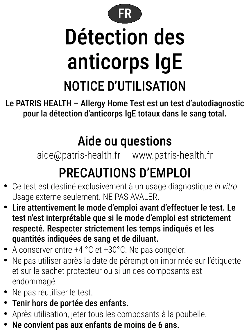 Notice d’utilisation de l’Autotest d’allergie Patris Health – précautions d’emploi