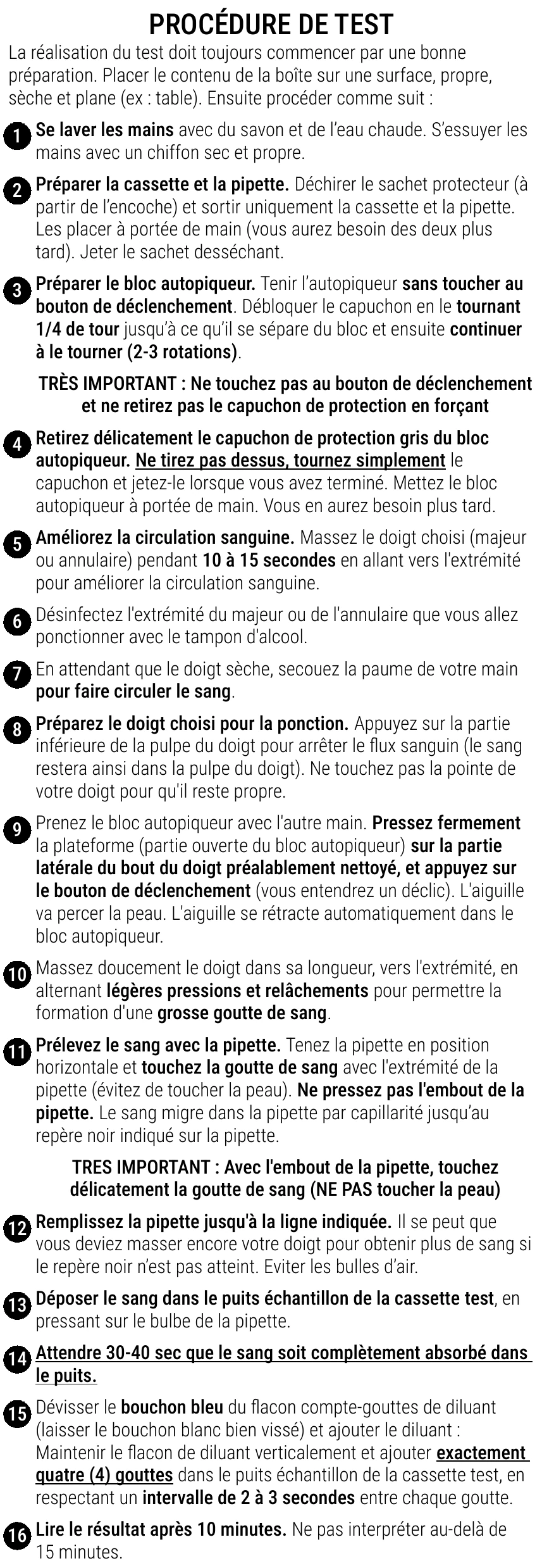 Notice d’utilisation de l’Autotest d’allergie Patris Health – la procédure de test, étapes 1 à 16
