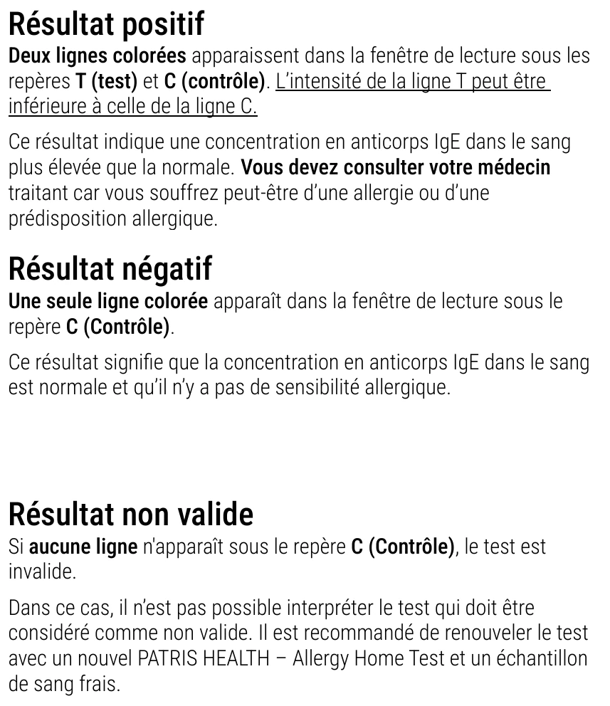 Notice d’utilisation de l’Autotest d’allergie Patris Health – interprétation des résultats