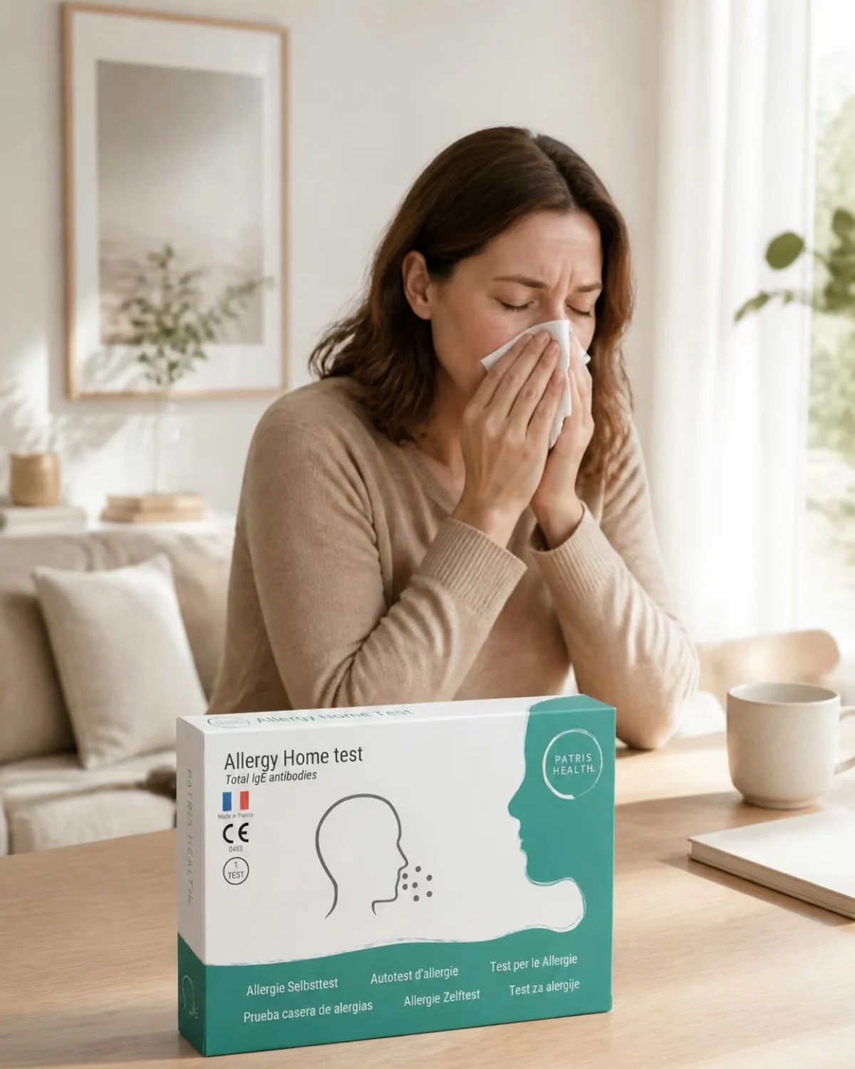 Femme qui éternue chez elle, l’Autotest d’allergie Patris Health posé sur la table