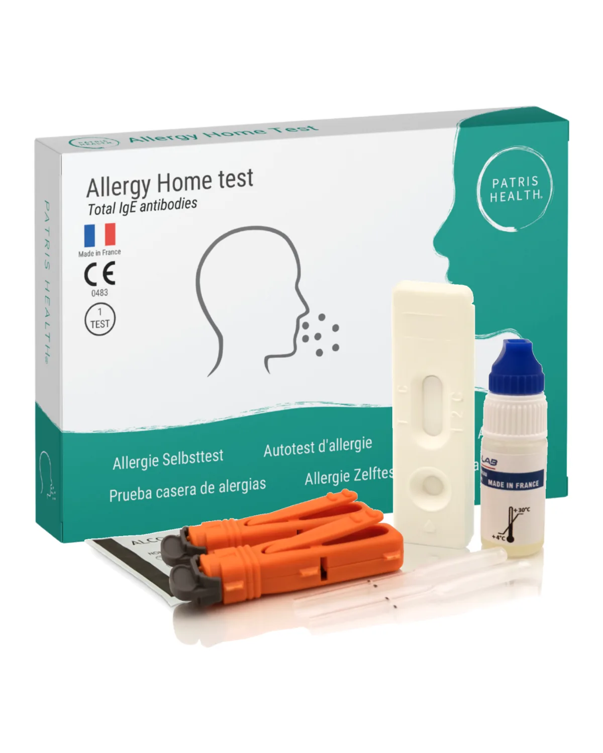 Autotest d’allergie Patris Health : la boîte et le contenu du kit