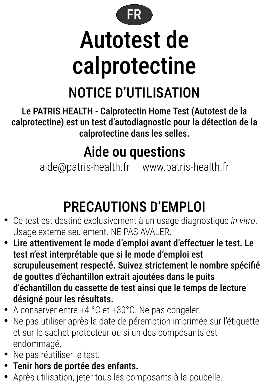 Notice d’utilisation de l’Autotest de calprotectine Patris Health – précautions d’emploi