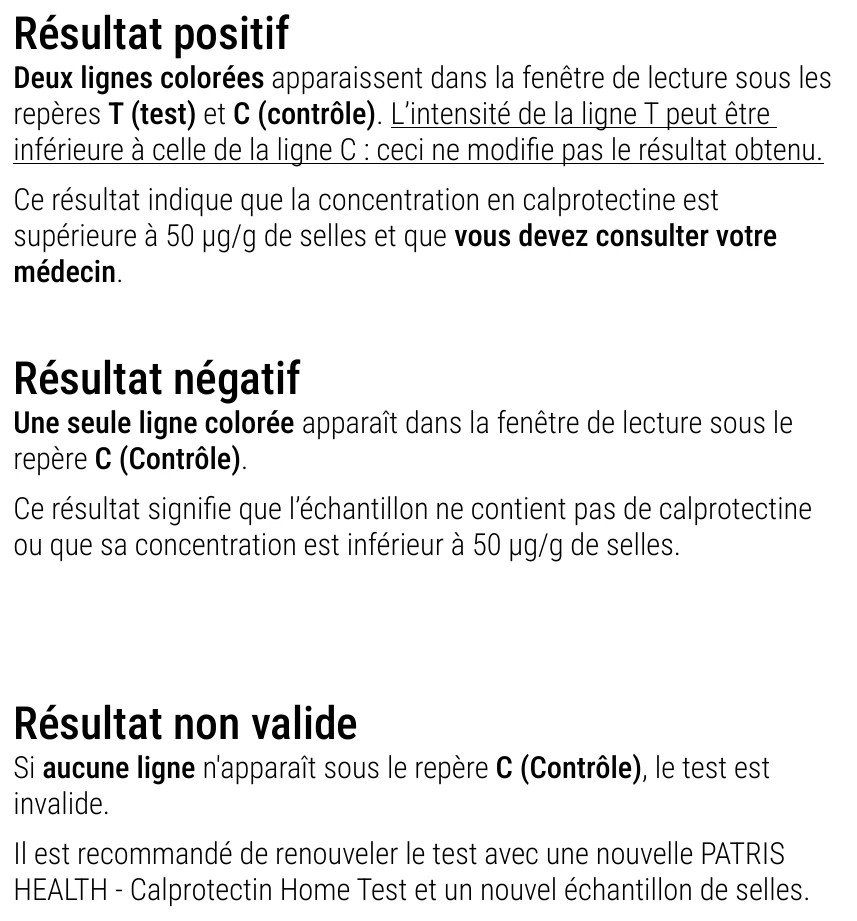 Notice d’utilisation de l’Autotest de calprotectine Patris Health – interprétation des résultats