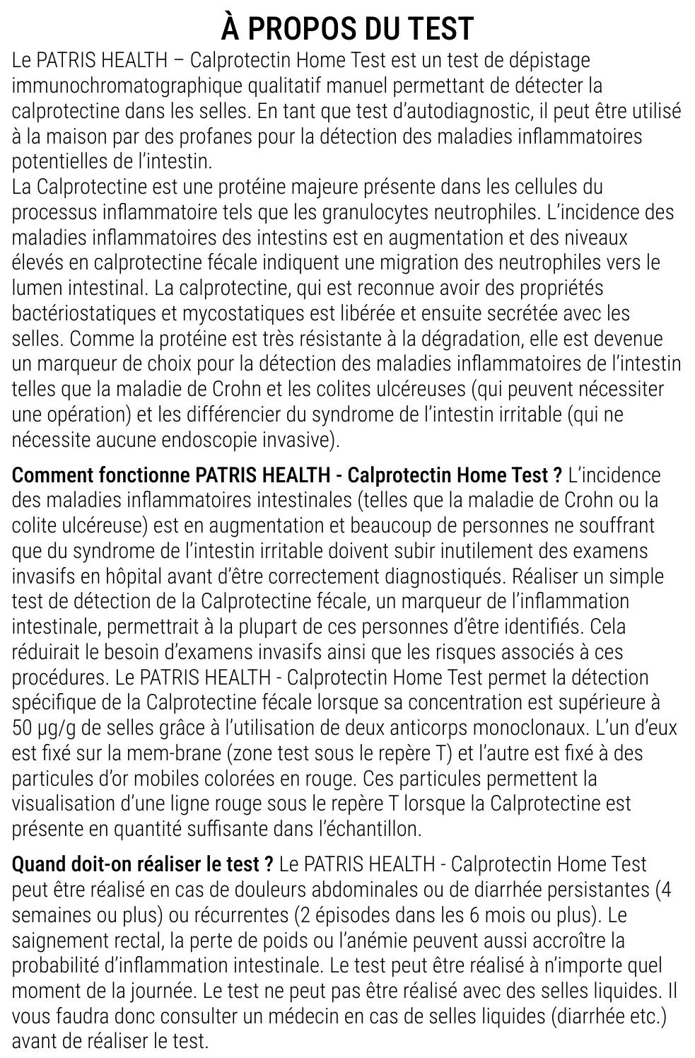Notice d’utilisation de l’Autotest de calprotectine Patris Health – à propos du test, questions et réponses
