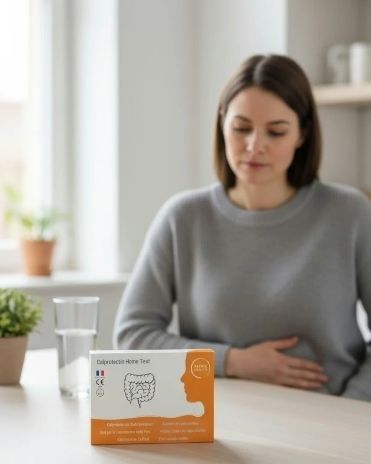 Femme assise à une table avec un verre d’eau, la main sur le ventre, la boîte de l’Autotest de calprotectine Patris Health devant elle