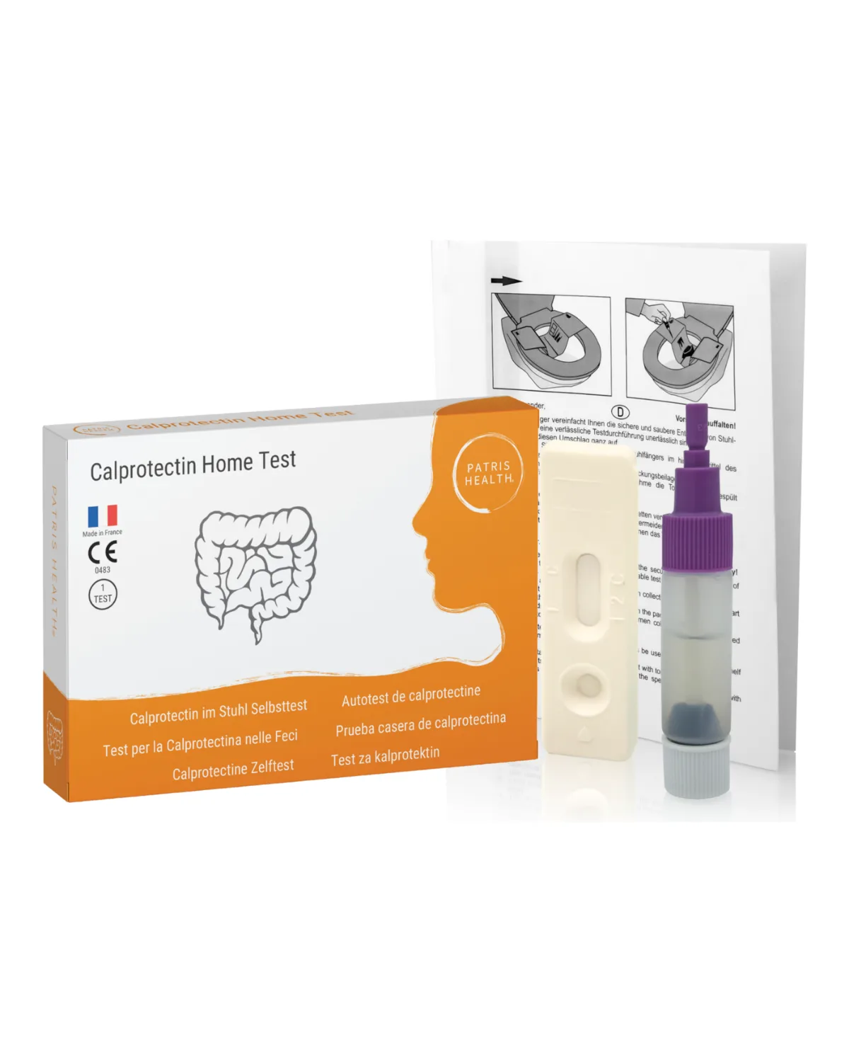Autotest de calprotectine Patris Health : la boîte et le contenu du kit