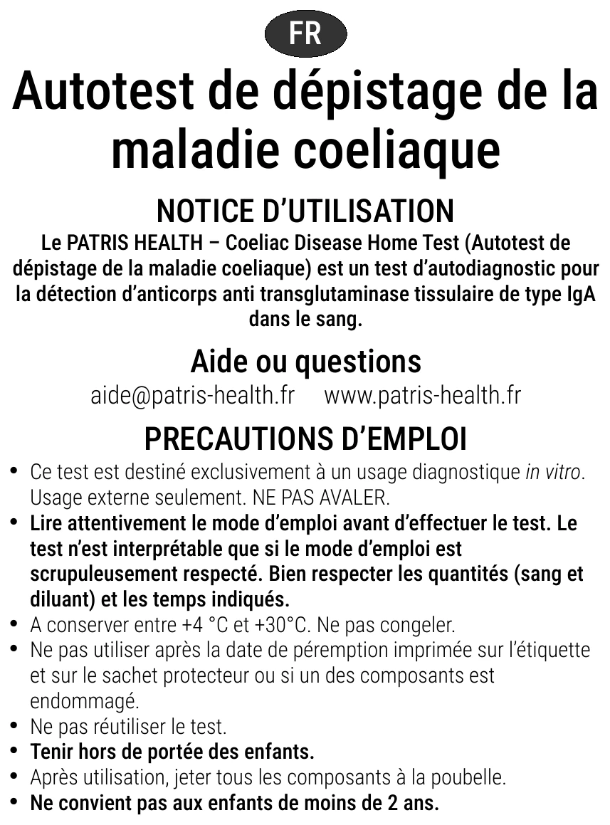 Notice d’utilisation de l’Autotest de dépistage de la maladie cœliaque Patris Health – précautions d’emploi