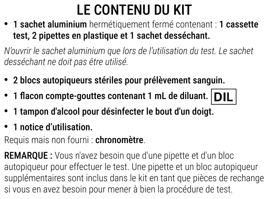 Notice d’utilisation de l’Autotest de dépistage de la maladie cœliaque Patris Health – le contenu du kit