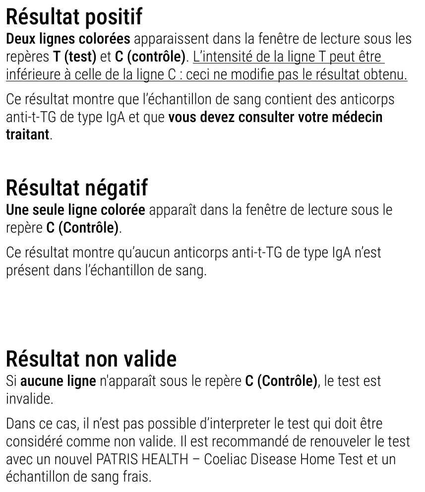 Notice d’utilisation de l’Autotest de dépistage de la maladie cœliaque Patris Health – interprétation des résultats