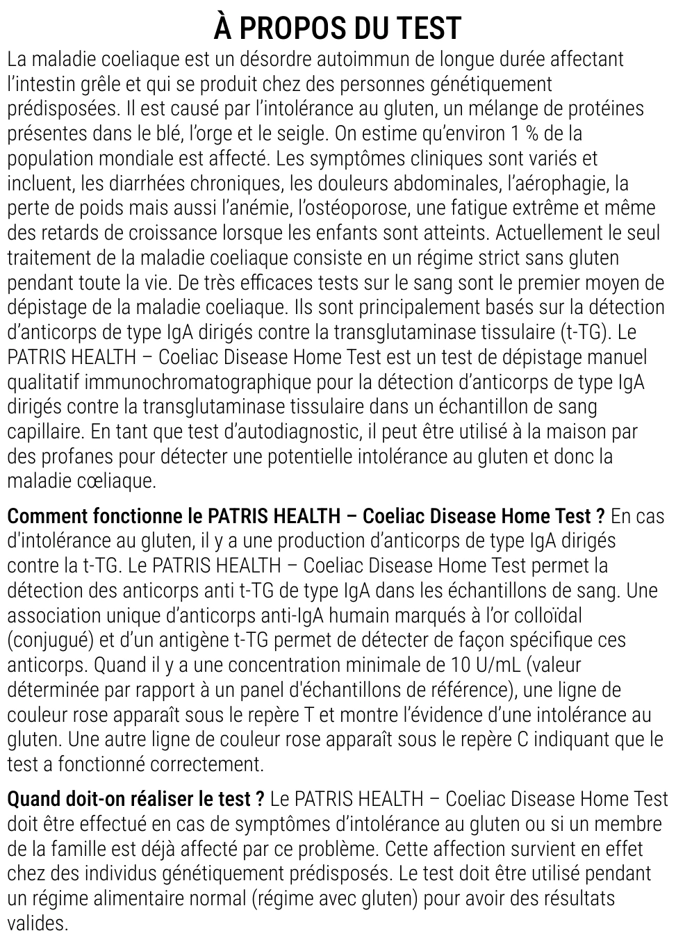 Notice d’utilisation de l’Autotest de dépistage de la maladie cœliaque Patris Health – à propos du test, questions et réponses
