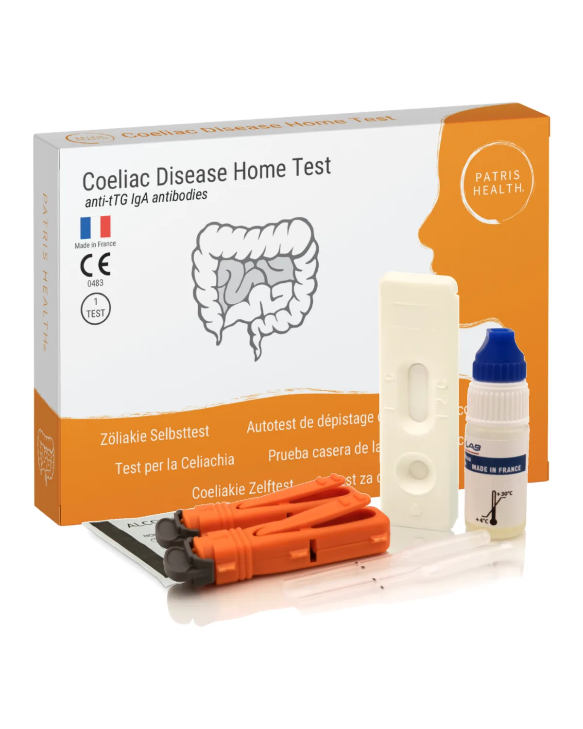 Autotest de dépistage de la maladie cœliaque Patris Health : la boîte et le contenu du kit