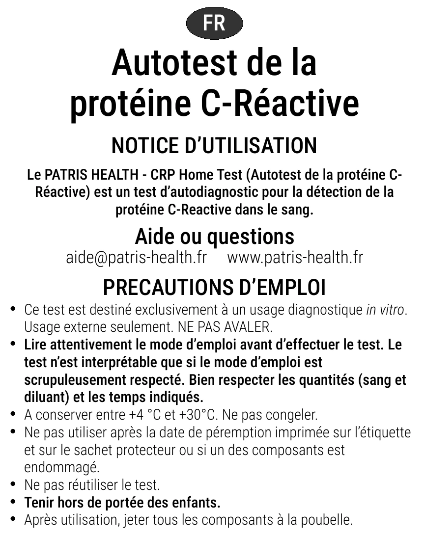 Notice d’utilisation de l’Autotest de la protéine C-réactive Patris Health – précautions d’emploi