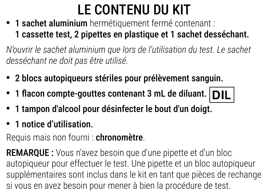 Notice d’utilisation de l’Autotest de la protéine C-réactive Patris Health – contenu du kit