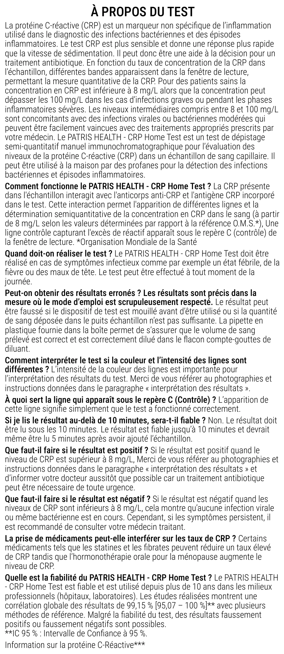 Notice d’utilisation de l’Autotest de la protéine C-réactive Patris Health – à propos du test, questions et réponses