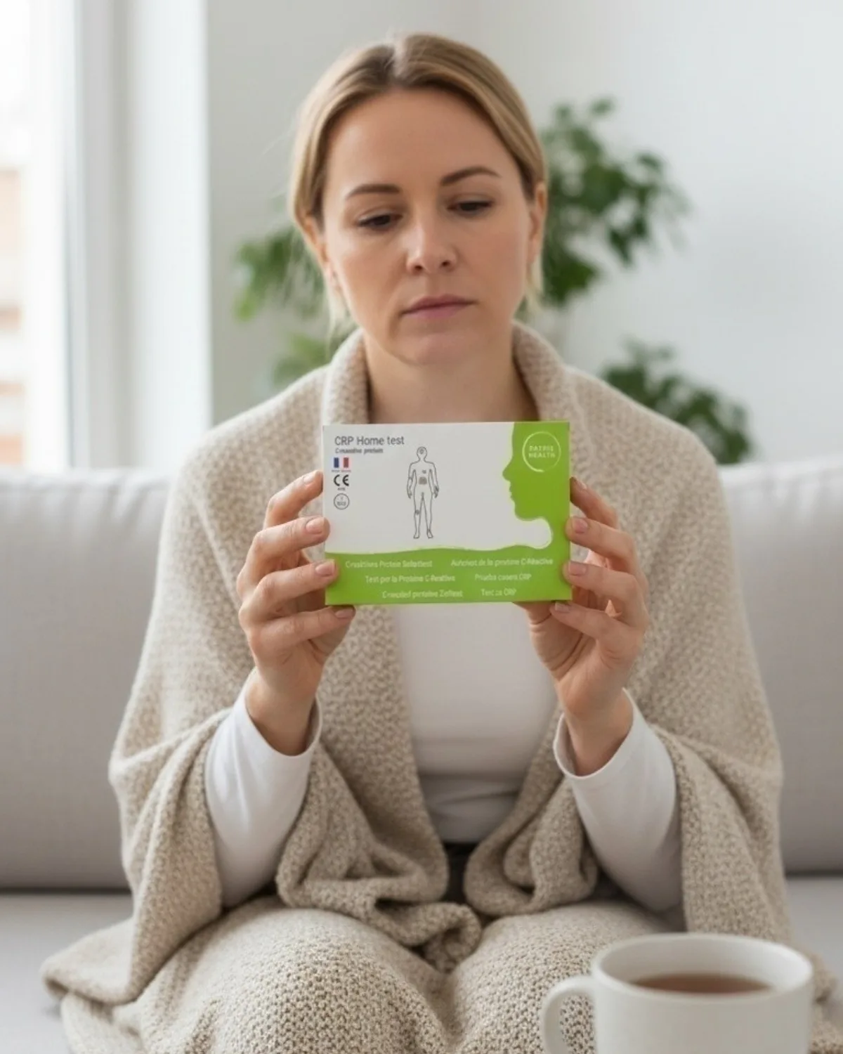 Autotest de la protéine C-réactive Patris Health – femme chez elle, sous une couverture, tenant la boîte du test