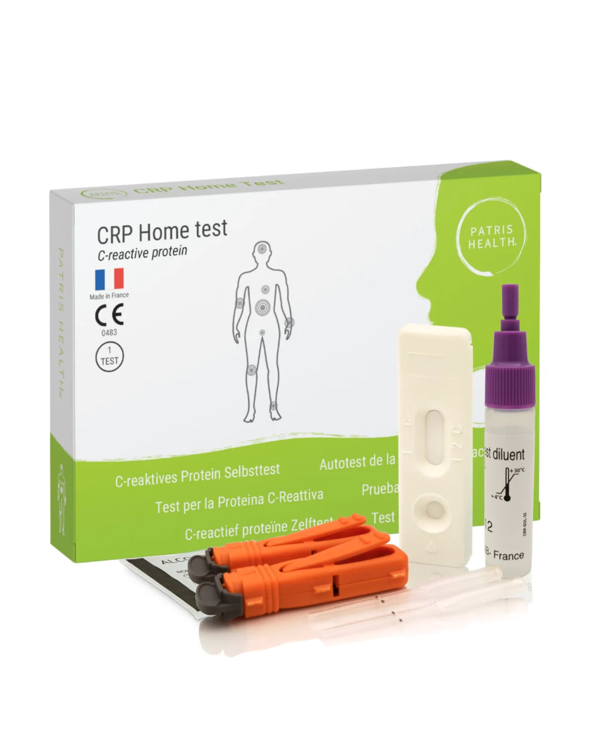 Kit d’autotest tel qu’il est livré : boîte, cassette test, pipette, bloc autopiqueur et notice d’utilisation