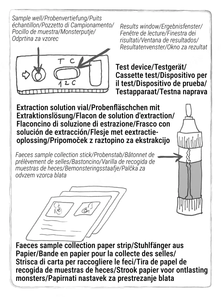 Notice d’utilisation de l’Autotest de sang dans les selles Patris Health – les éléments du kit