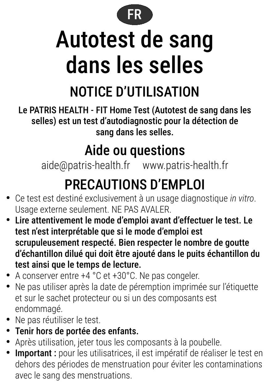 Notice d’utilisation de l’Autotest de sang dans les selles Patris Health – précautions d’emploi