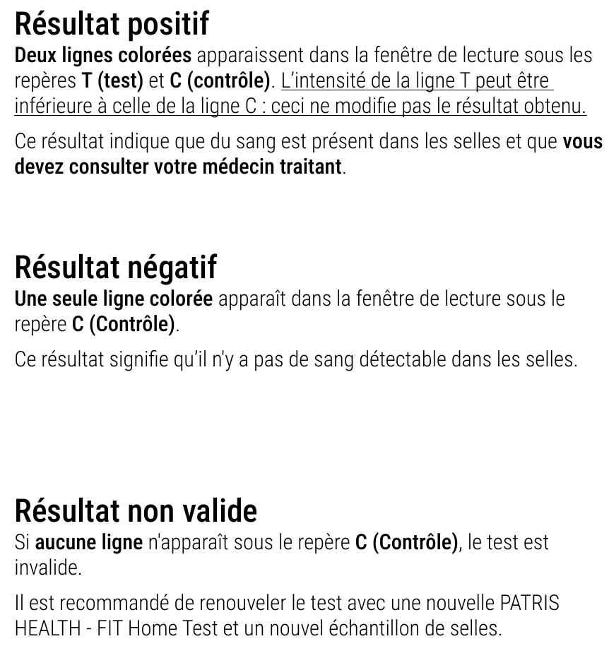 Notice d’utilisation de l’Autotest de sang dans les selles Patris Health – interprétation des résultats