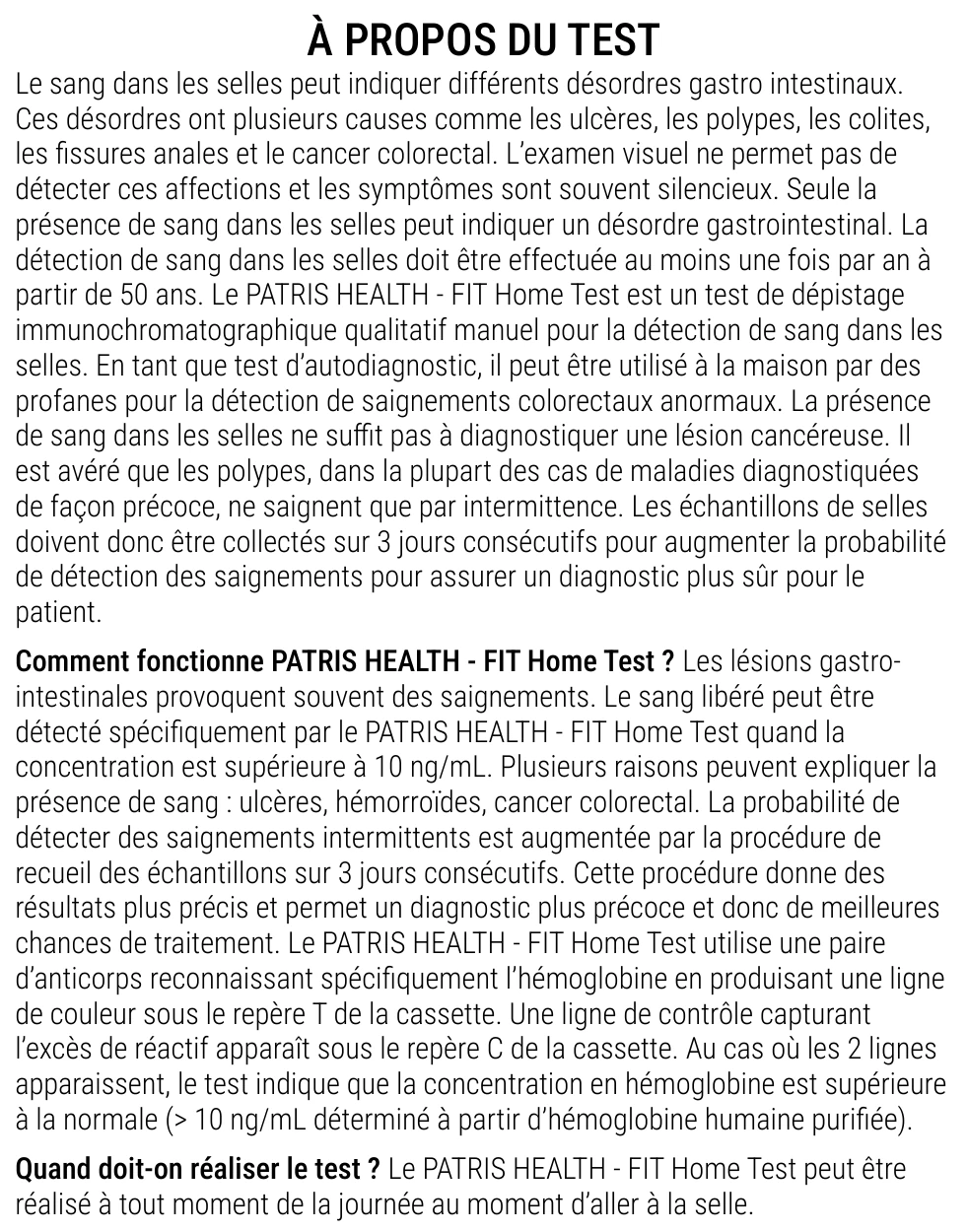 Notice d’utilisation de l’Autotest de sang dans les selles Patris Health – à propos du test, questions et réponses