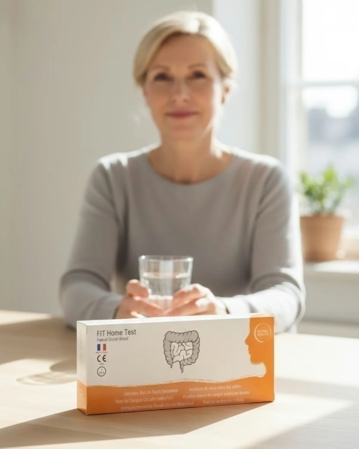 Femme assise à une table, avec un verre d’eau et la boîte de l’Autotest de sang dans les selles Patris Health devant elle