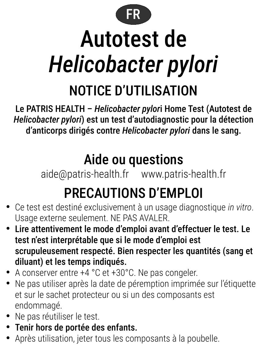 Notice d’utilisation de l’Autotest de Helicobacter pylori Patris Health – précautions d’emploi