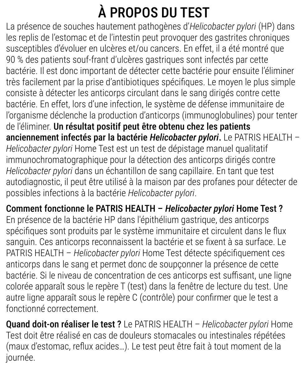 Notice d’utilisation de l’Autotest de Helicobacter pylori Patris Health – à propos du test, questions et réponses